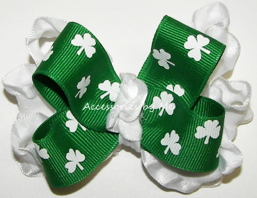 Green Shamrock Ruffle Hair Bow
