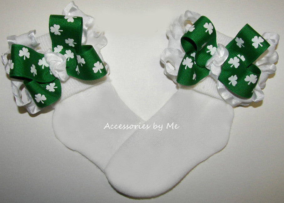 Shamrock Green White Ruffle Bow Socks