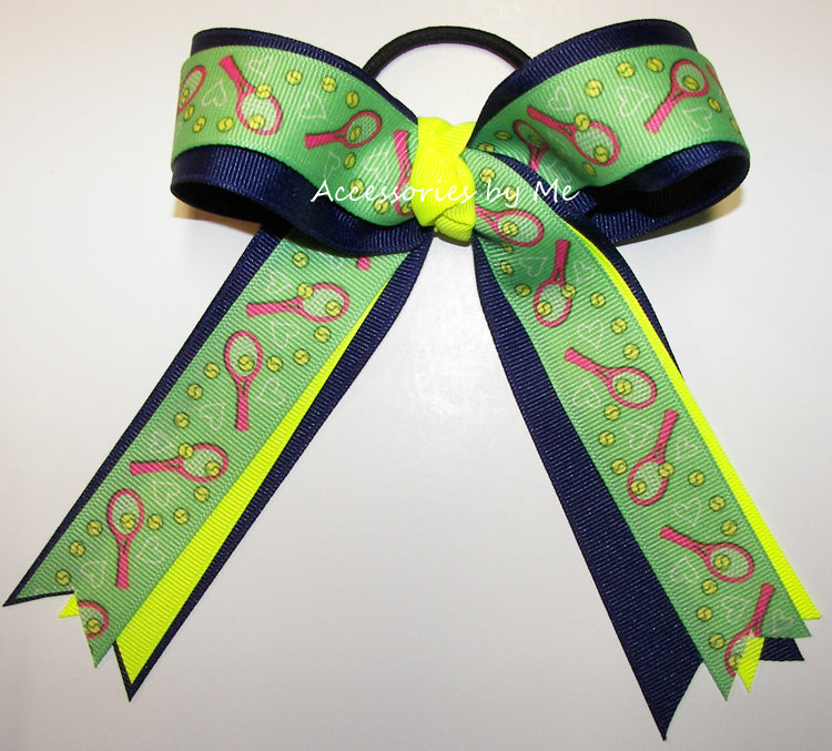 Tennis Ribbon Neon Yellow Navy Blue Ponytail Holder Bow