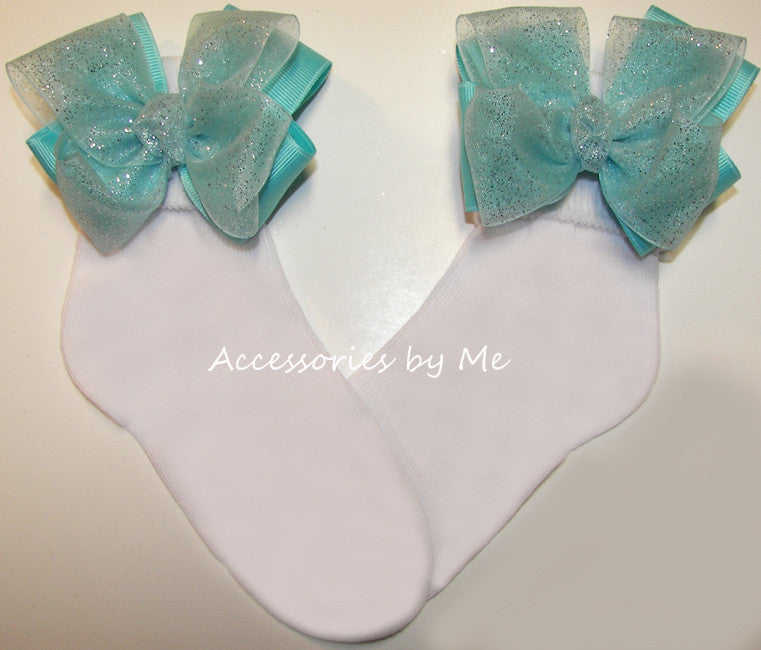 Glitzy Turquoise Organza Bow Socks - Accessories by Me