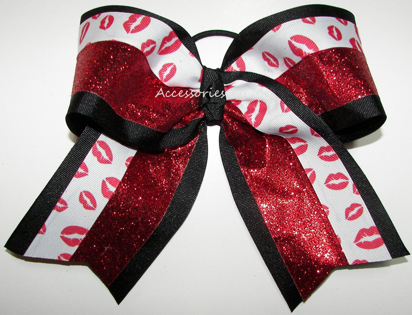 Sparkly Pouty Lips Red Black Big Cheer Bow