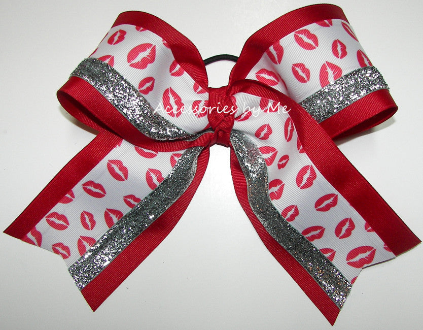 Glitter Red Pouty Lips Cheer Bow