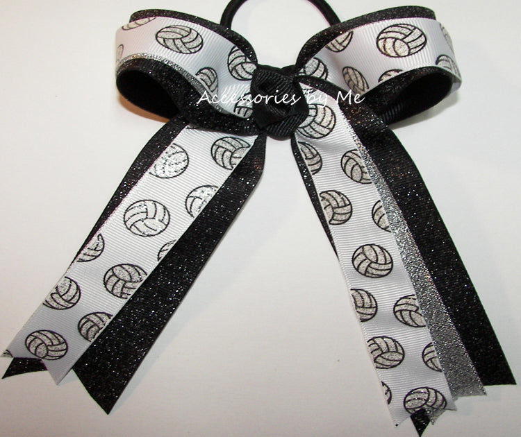 Volleyball Sparkly White Black Ponytail Hair Bow