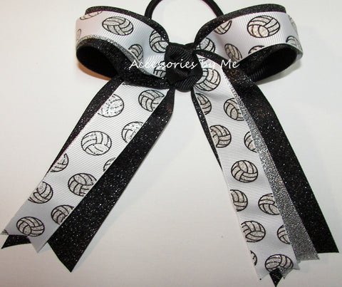 Volleyball Sparkly White Black Ponytail Bow