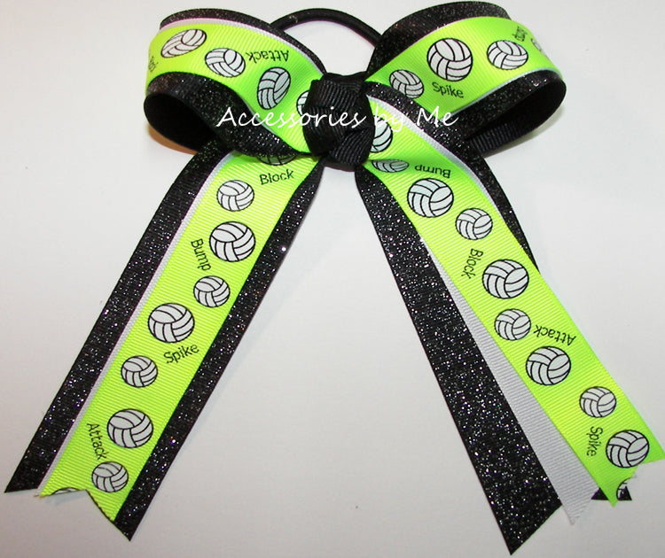 Volleyball Neon Lime Sparkly Black Ponytail Bow