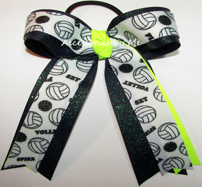 Volleyball Neon Lime Green Navy Blue Sparkly Bow