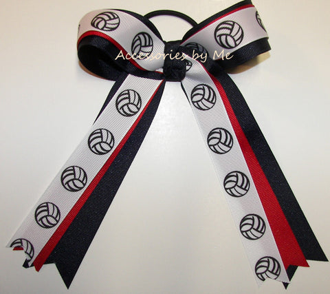 Volleyball Red Navy Blue Ponytail Holder Bow