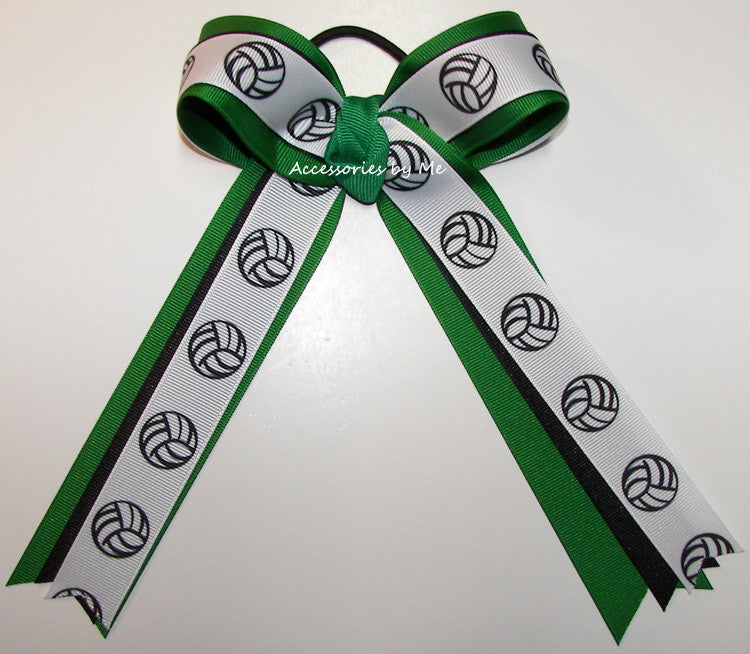 Volleyball Green Black Ribbons Ponytail Holder Bow
