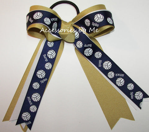 Volleyball Blue Gold Ponytail Holder Bow