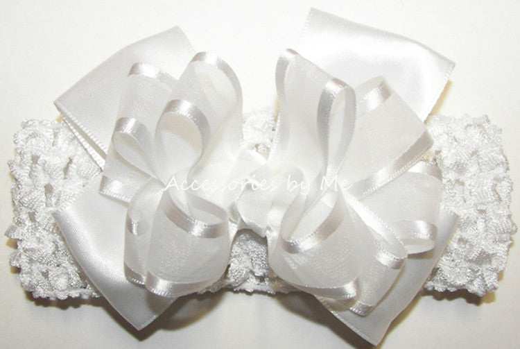 Baptism Frilly White Organza Satin Bow Headband - Accessories by Me