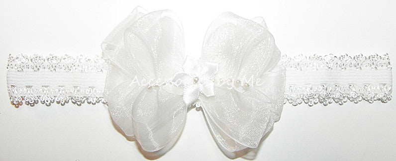 Baptism White Organza Pearl Bow Lace Headband