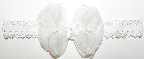White Organza Pearl Bow Lace Headband