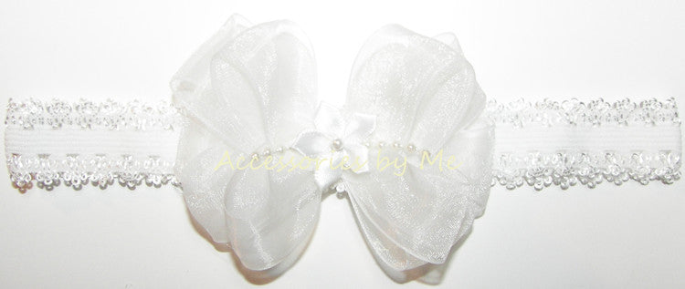 White Organza Satin Pearl Applique Bow Lace Headband