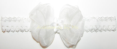 White Organza Pearl Bow Headband