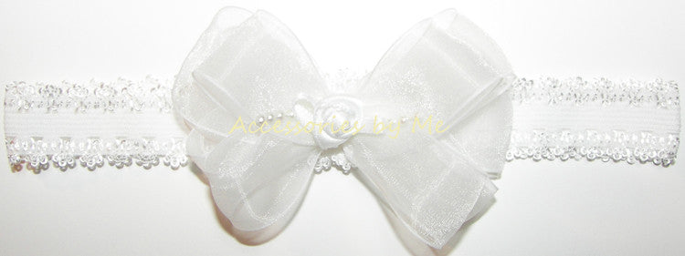 White Organza Rosette Pearls Lace Headband