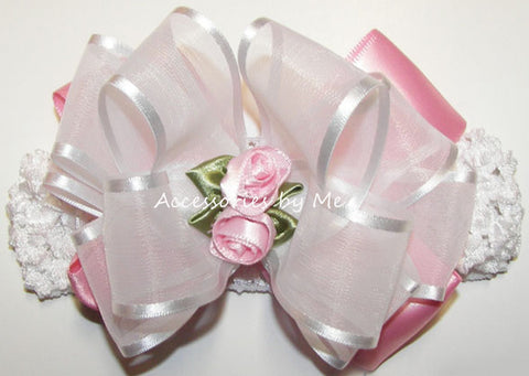 Pink White Organza Rose Bow Headband