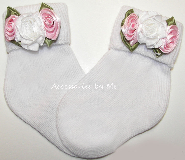 Pink White Rose Flower Socks