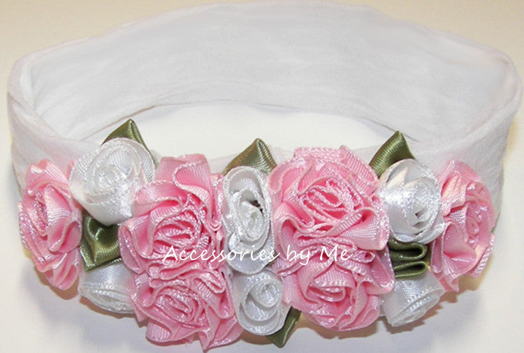 White Pink Satin Roses Floral Nylon Headband