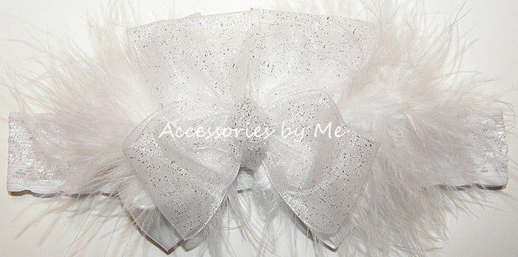 Glitzy White Organza Marabou Bow Lace Headband - Accessories by Me