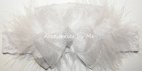 Sparkly White Organza Marabou Bow Lace Headband