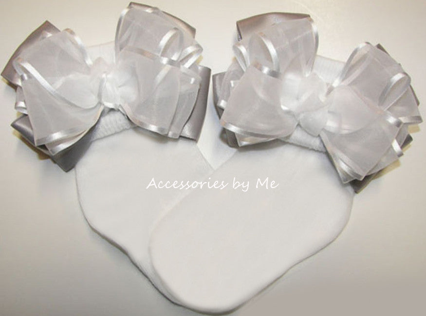 Fancy White Gray Organza Satin Bow Socks - Accessories by Me