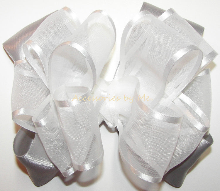 Fancy White Silver Organza Satin Hair Bow