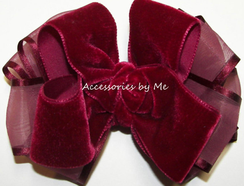 Wine Velvet Organza Satin Trim Hair Bow