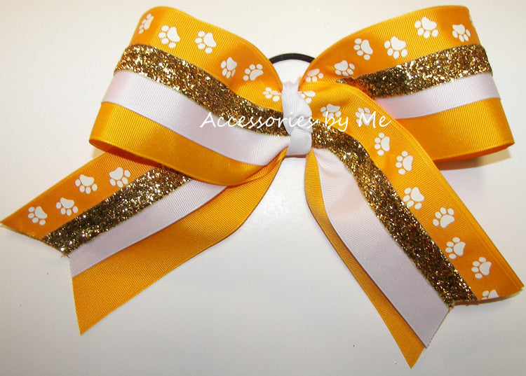 Yellow Gold Paw Print White Gold Glitter Big Cheer Bow