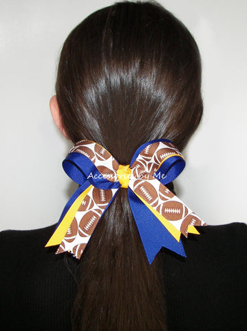 Football Blue Gold Ponytail Cheer Bow