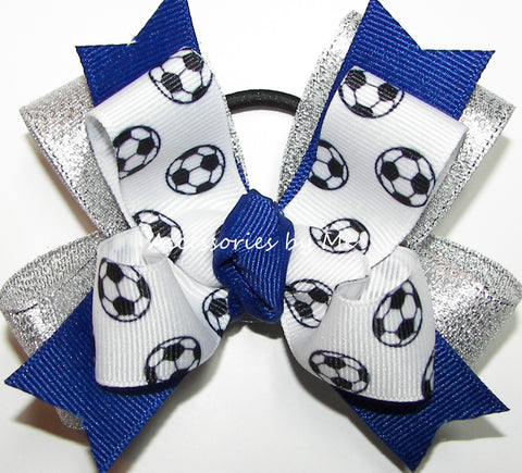 Soccer Ribbon Royal Blue Silver Ponytail Bow