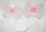 Light Ivory Ruffle Trim Socks with Light Pink Organza Rosette Pearl Bows sewn on side Cuff