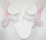 Light Ivory Ruffle Trim Socks with Light Pink Organza Rosette Pearl Bows sewn on side Cuff