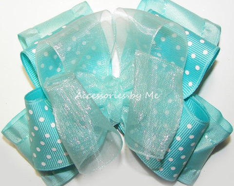 Aqua Polka Dots Ruffle Hair Bow