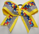 Autism Awareness Gold Glitter Cheer Bow