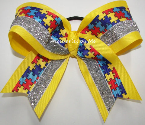 Autism Awareness Gold Glitter Cheer Bow