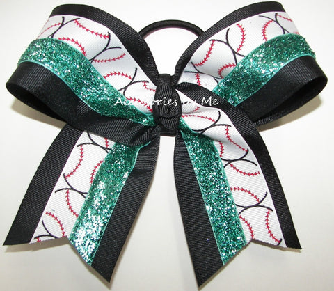 Baseball Black Teal Glitter Hair Bow