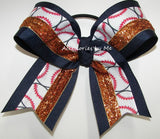 Baseball Navy Orange Glitter Hair Bow