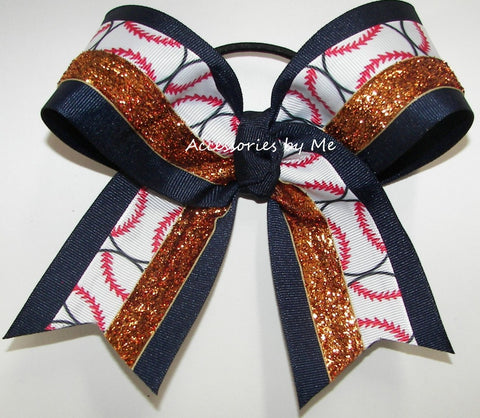 Baseball Navy Orange Glitter Hair Bow
