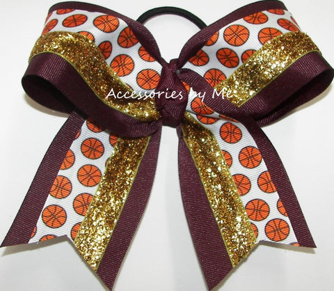 Glitter Basketball Maroon Gold Hair Bow