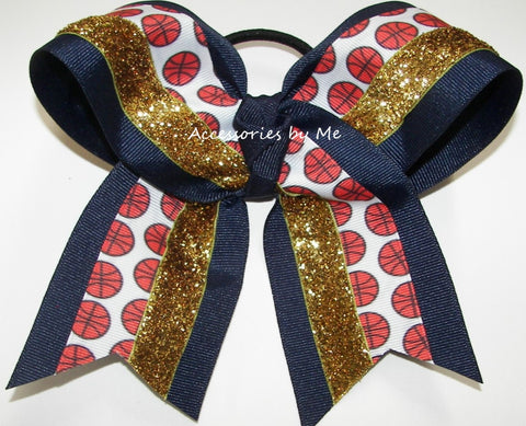 Glitter Basketball Navy Blue Gold Cheer Bow