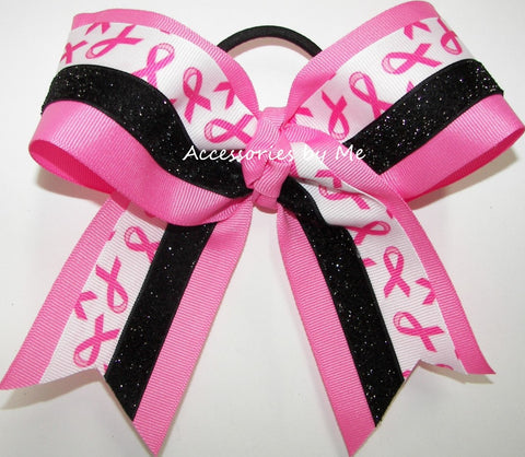 Breast Cancer Hot Pink Black Glitter Hair Bow