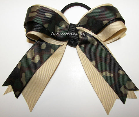 Camouflage Green Black Tan Ponytail Bow