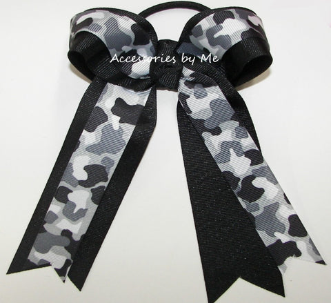 Camouflage Black White Grey Ponytail Bow