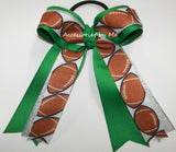 Flag Football Print Ribbon Silver Metallic Emerald Green Ponytail Bow
