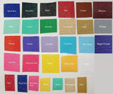 Color swatch chart with various color names on a white background