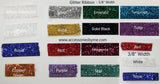 A color chart showing multiple glitter ribbon options labeled by color and width, including White Indescent, Silver, Emerald, Turquoise, White, Gold, Solid Black, Tulip, Royal blue, Red, Magenta, 3/8" White, Copper (Orange), Purple, Teal, and Royal. Text at the top reads 'Glitter Ribbon - 5/8" Width' and a website is printed in the center.