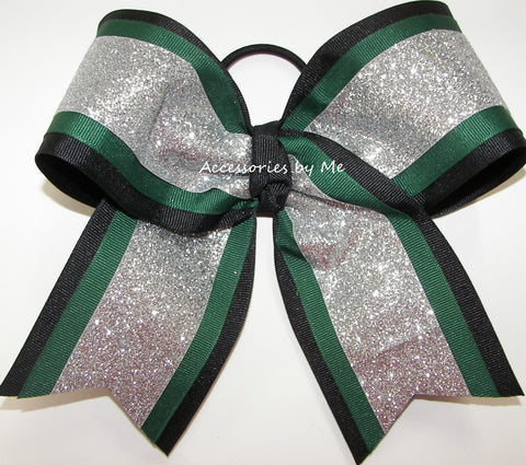 Glitter Silver Forest Black Cheer Bow