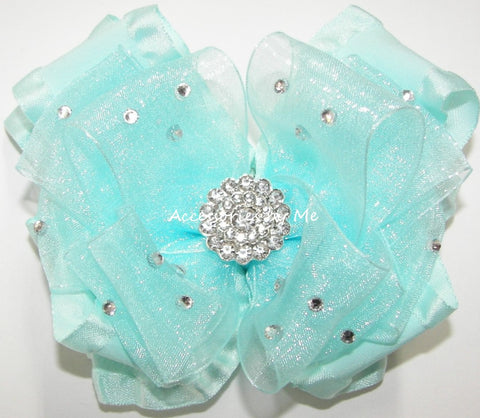 Glitzy Aqua Organza Ruffle Hair Bow