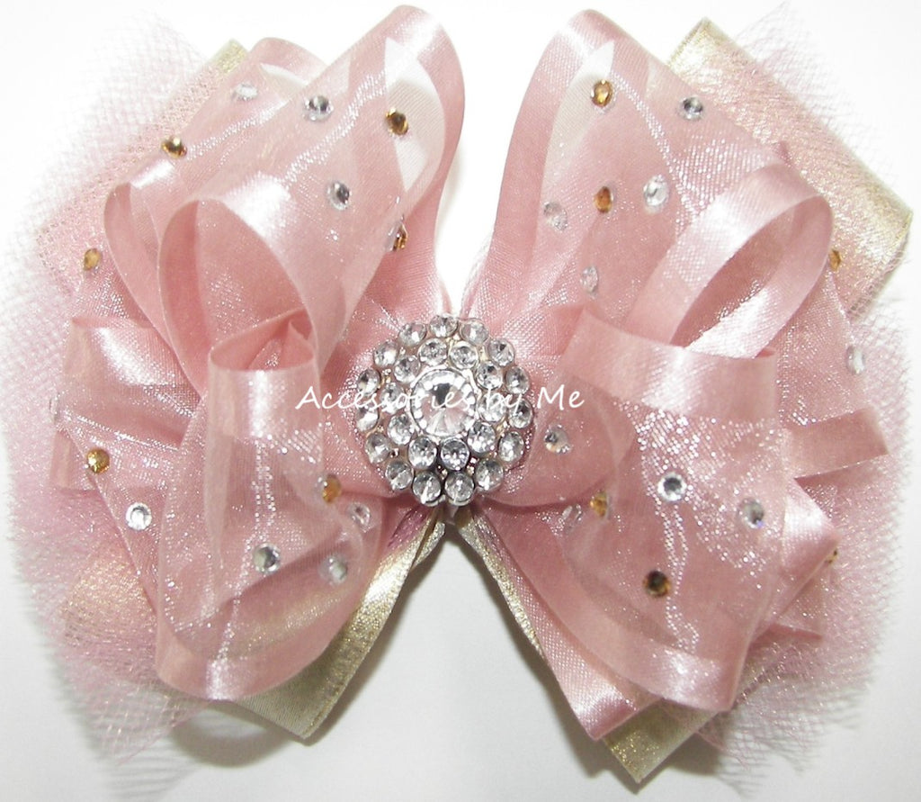 High Glitz Blue Pink Gold Tulle Hair Bow