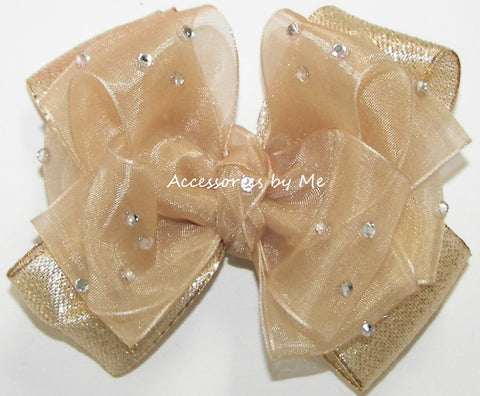 Glitzy Champagne Gold Organza Lame Hair Bow